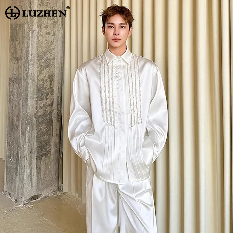 LUZHEN Casual 2026 New Elegant Fashion Ruched Patchwork Design Shirts Men's Original Long Sleeve Solid Color Male Tops JY5941