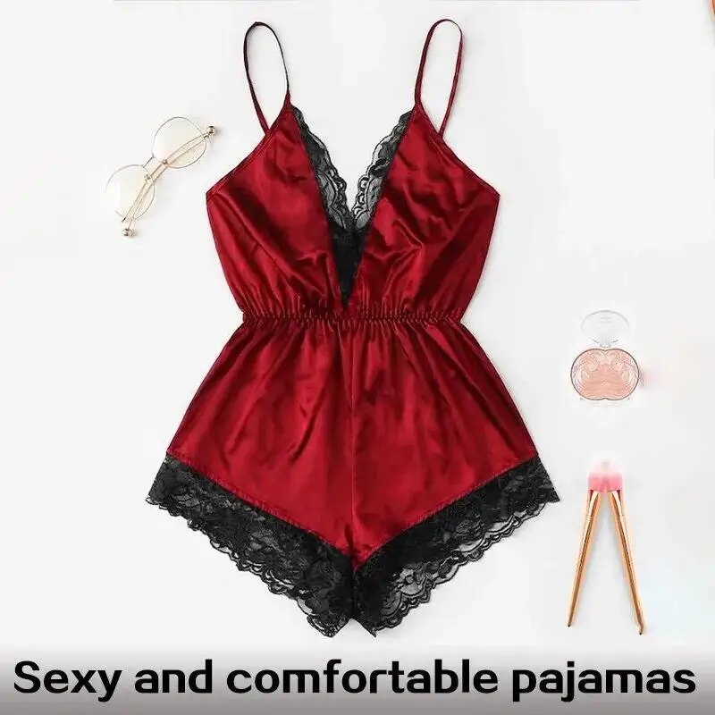 Women Bodysuit Sleep Wear Set Women Lace Pajamas Summer Women Lace Splice Trim Backless Bow Shorts V-Neck Bodysuit Sleep Wear Set