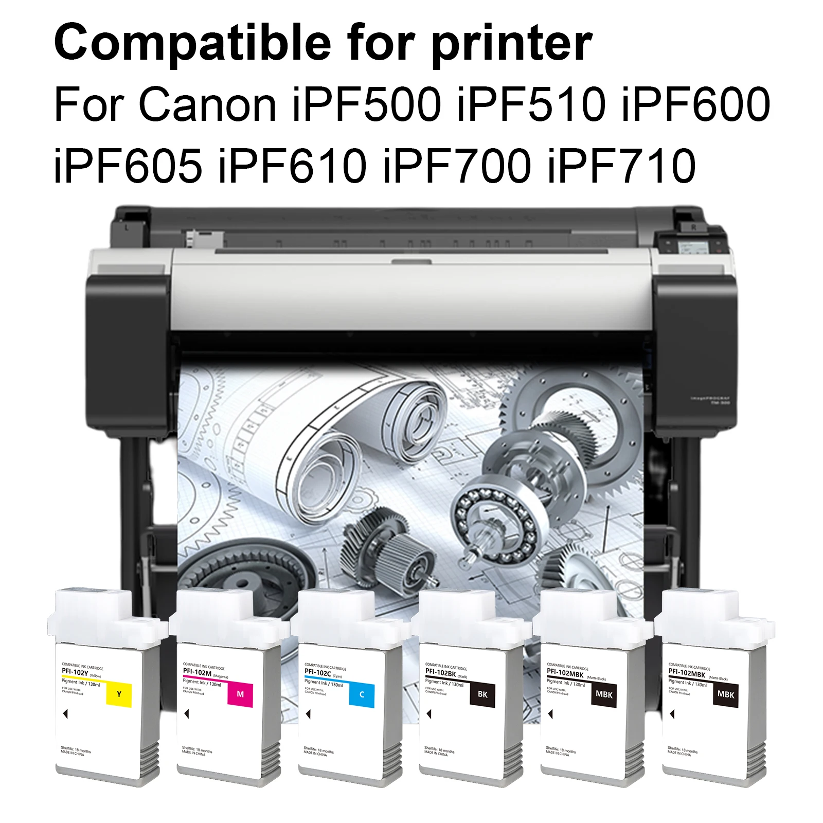 PFI-102 PFI102 PFI 102 Compatible Pigment Ink Cartridge For Canon iPF500 iPF510 iPF600 iPF605 iPF610 iPF700 With Ink And Chip