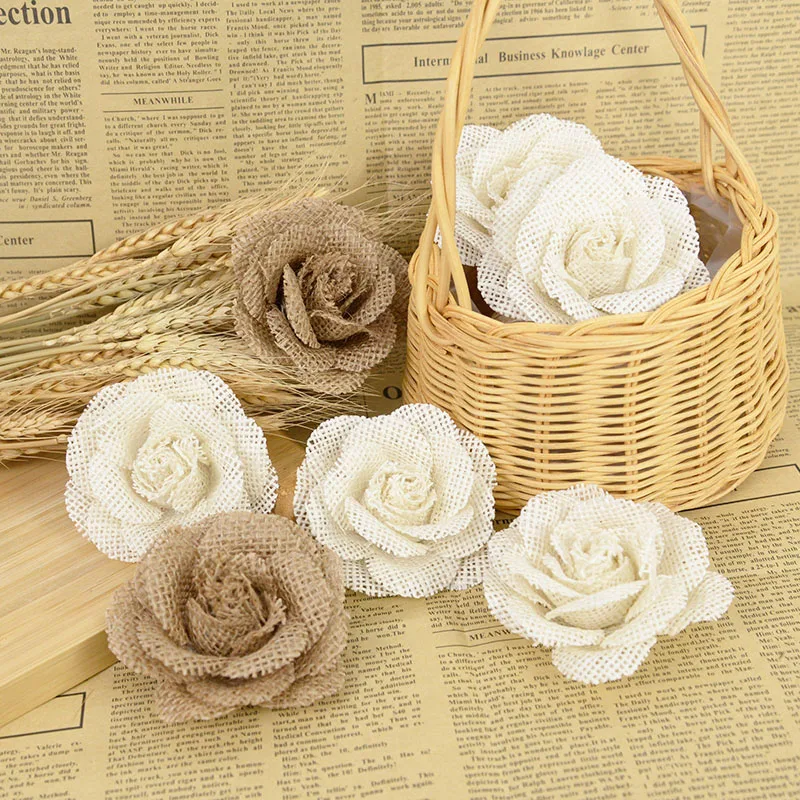 5Pcs Handmade Jute Burlap Retro Country Shabby Chic Rose Flower Rustic Wedding Party Diy Decorative Supplies Hessian Ribbon Bow