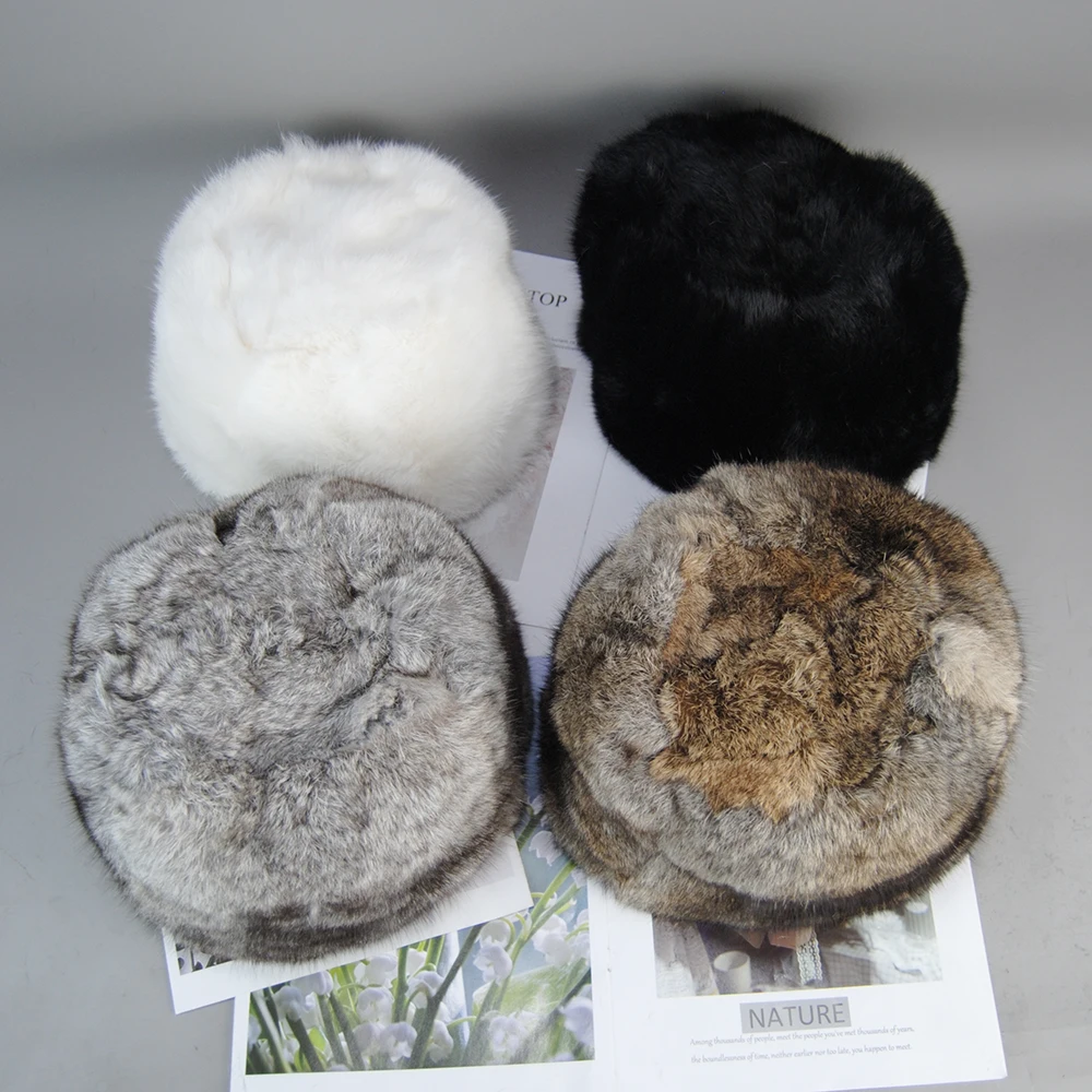 2024 Unisex Winter Warm Real Rabbit Fur Bomber Hat Natural Quality Rabbit Fur Hats Russian Outdoor 100% Genuine Rabbit Fur Caps