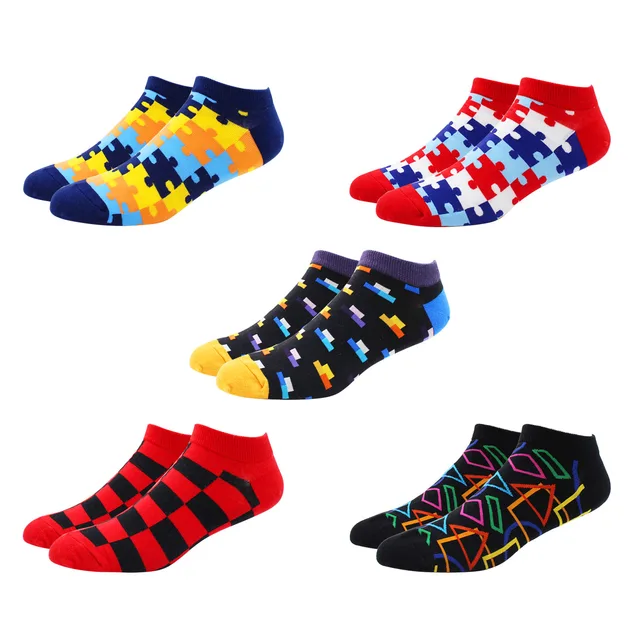 5 Pairs Novelty Funny Casual Ankle Socks Fashion Colorful Harajuku Grid Space Cotton Men Socks Happy Men Socks Size EU39-46 DW002-5 Pairs