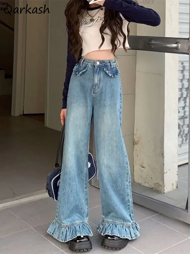 S-4XL Flare Jeans Women Baggy Washed Vintage Harajuku Streetwear Full Length Tender High Waist Retro Denim Trousers Джинсы Mujer