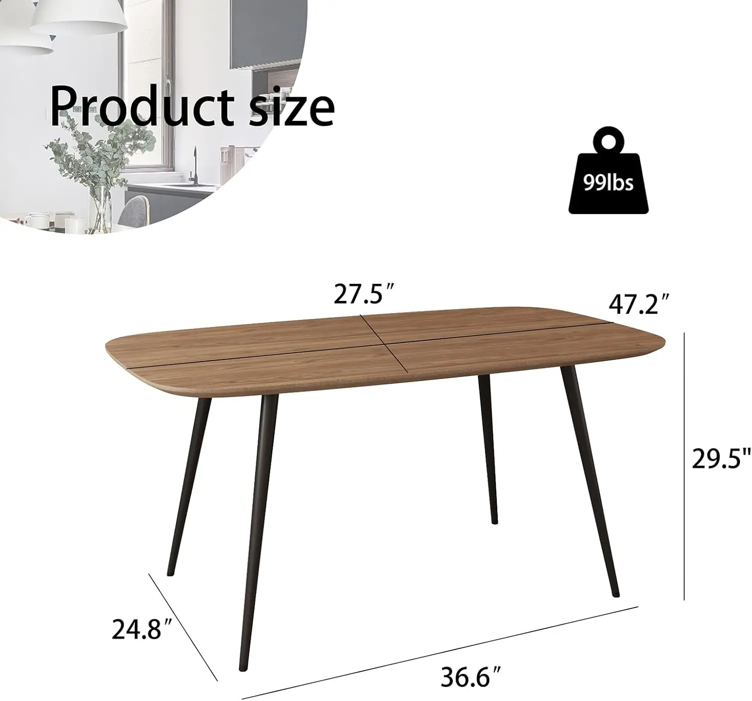 47.2'' Modern Farmhouse Dining Table, Wooden Rectangular Dining Table with Metal Legs for 4-6 People(Walnut Color Table, 47.2")