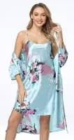 Women's Floral Satin Kimono Robe and Nightgown Set with Camisole 2 Piece Sleepwear Peacock Bathrobe - Image 2