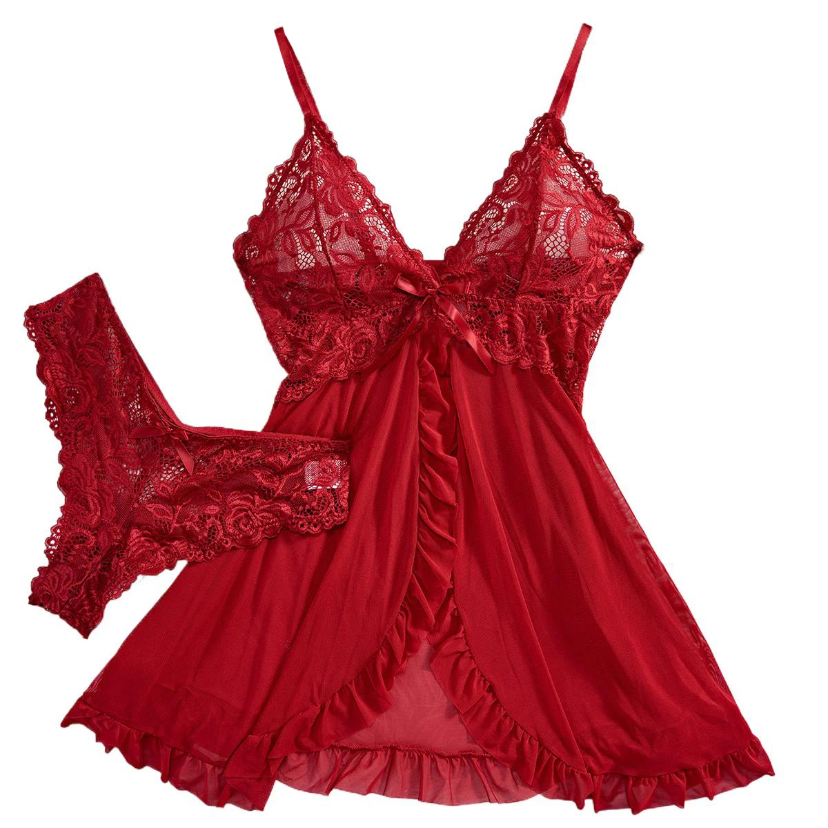Ensemble de lingerie rouge transparente pour femmes, vêtements de nuit en dentelle, robe de nuit et culotte, pyjamas, nuisette féminine 1 Ensemble de lingerie rouge transparente pour femmes, vêtements de nuit en dentelle, robe de nuit et culotte, pyjamas, nuisette féminine 1