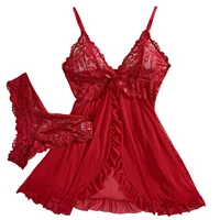 Ensemble de lingerie rouge transparente pour femmes, vêtements de nuit en dentelle, robe de nuit et culotte, pyjamas, nuisette féminine 1