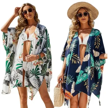 Women's Tops Loose Floral Print Chiffon Coverups Beach Swim Bikini Kimono Cardigan Puff Sleeve Cover Ups Blouse for Swimwear 1