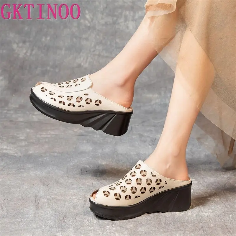 GKTINOO 2024 Fashion Cut-outs Women Shoes Slippers Summer Peep Toe Wedge Sandals Genuine Leather Lady Slides Shoes Woman