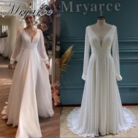 Mryarce Classic Elegant Chiffon A Line Wedding Dresses Deep V Neck Long Sleeves Side Slit Bridal Gowns 1