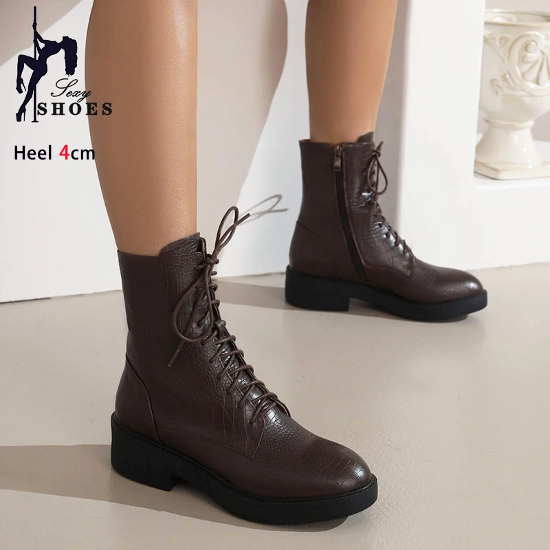 4CM Heel Women Outdoors Non-Slip Short Boots Autumn And Winter Lace-up Casual Shoes Plus Size Female Zip Leather Ankle Booties