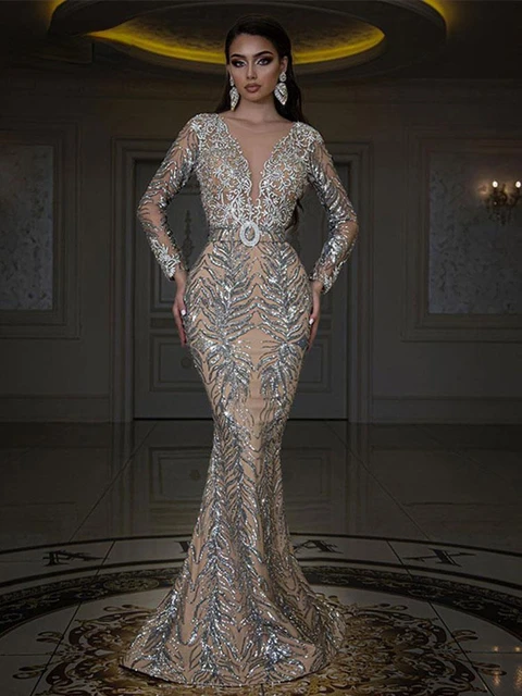Chisom Sequins Long Sleeve Fishtail Dress