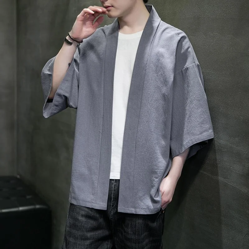 Kimono Solid Color T-shirt 3/4 Sleeve Open Front Cardigan Shirt Tops Asian Cloth Streetwear Men's Loose Coat