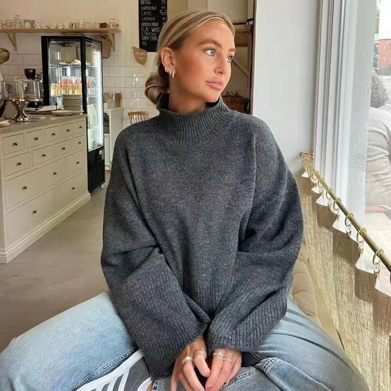 

Women's Autumn Loose Pullover Knit Sweater Warm Spring Half Turtleneck Knitwears Female Tops Pull Femme Korean Popular Clothes