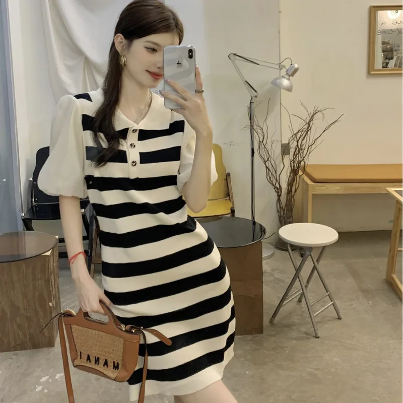 

Contrast Striped Pol0 Neck Bubble Short Sleeved Dress for Women 2024 Spring/summer New Knitted Casual Style T-shirt Skirt