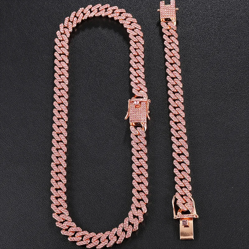 European and American New 12mm Bar Cuban Chain Men's Necklace with Gold-plated Full Diamonds Rapper Hip-hop Male Choker Jewelry |