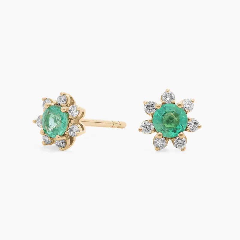 Sonnenblumenförmige Labor-Smaragd- und Diamant-Ohrringe 9K/14K/18K Gelbgold Runde Labor-Smaragd-Diamant-Ohrstecker Valentinstagsgeschenk – Detail 2