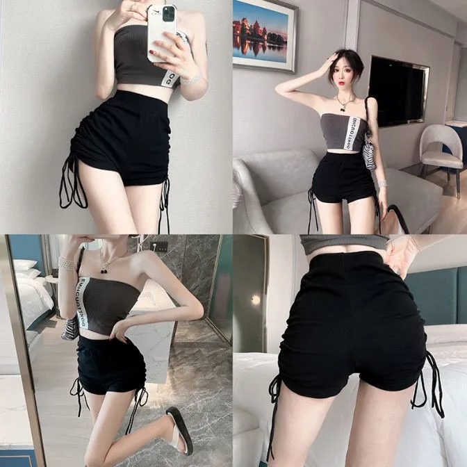 Shorts Women Soft Skinny Folds High Elastic Waist Jogger Young Teens Summer Ulzzang Casual Femme Trousers All-match Solid Simple black shorts