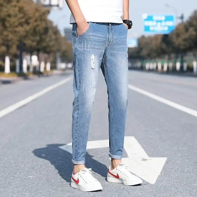 Trendy Men's Jeans Ripped Nine-point Length Casual Loose Fit Slimming Effective Branded Mid-tone Straight Leg Denim Trousers men jeans ripped jeans