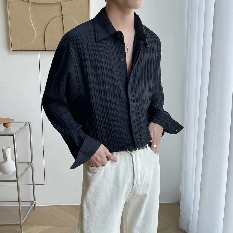 Spring Autumn Men's Long Sleeve Shirt Loose Fitting Versatile Casual Top Handsome Striped Pleated Cardigan Shirt