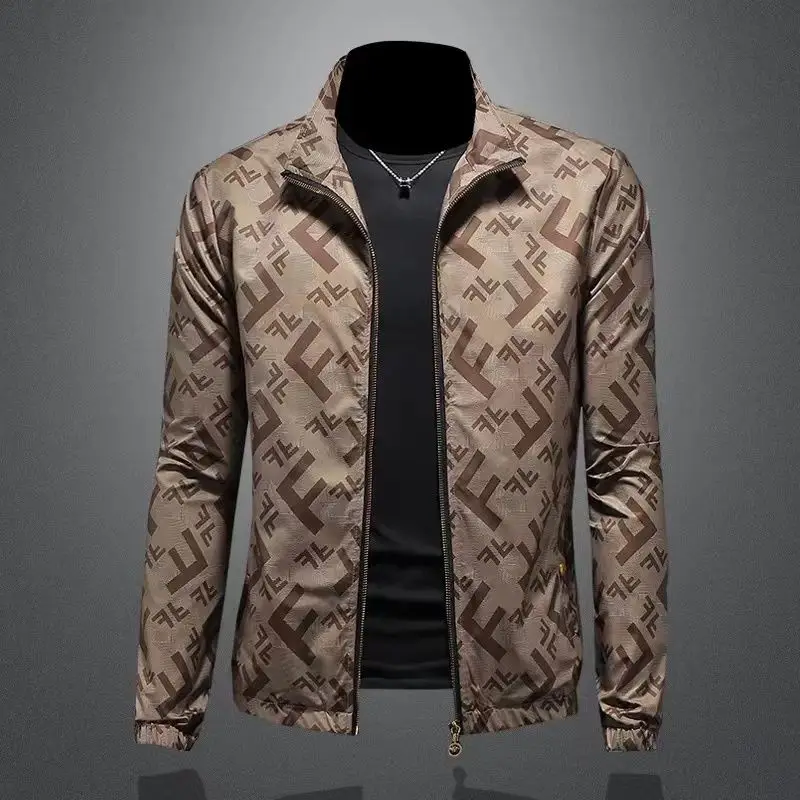 

2024 Men's Spring and Autumn High end Fashion Brand Printed Slim Fit Stand up Neck Jacket Trendy Top