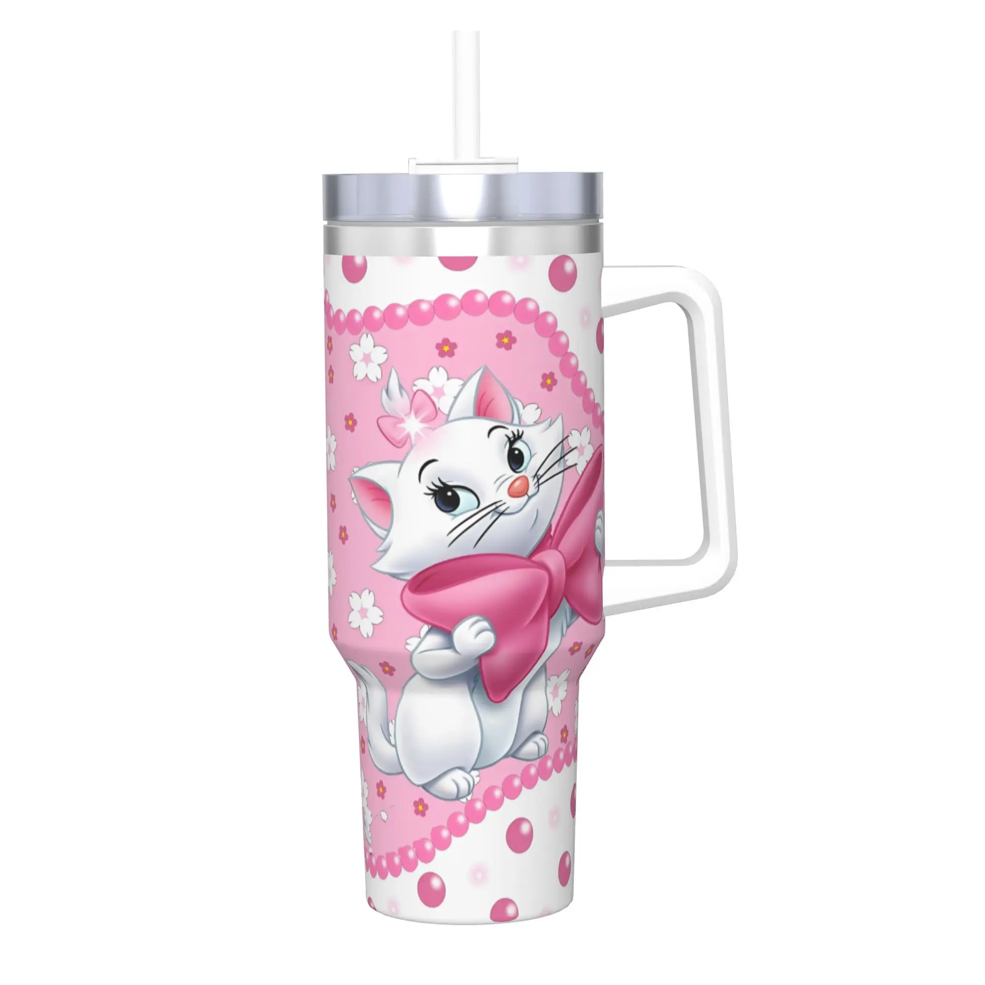 Stainless Steel Aristocats Marie Cat Tumbler with Straw - Large Capacity Thermal Mug