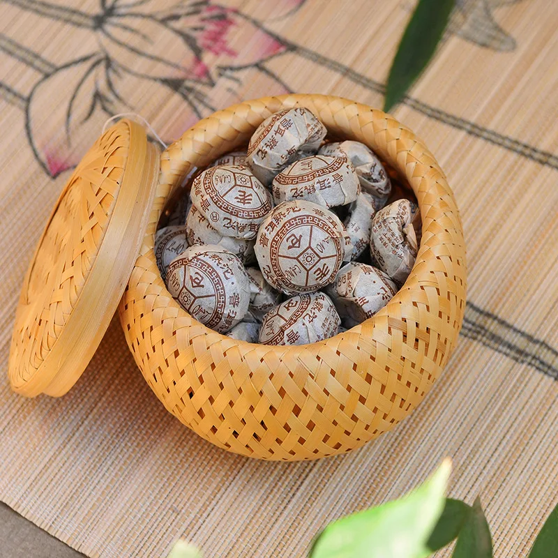 

Mini Hand Woven Storage Bamboo Baskets With Lids Small Round Tea Box Desktop Creative Double Layer Storage Basket