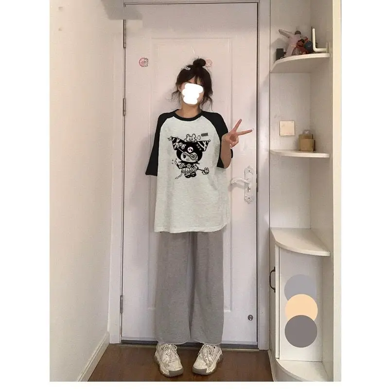 

Cartoon Cute Kawaii Sanrioed Kuromi New Summer 100% Loose Girl Color Contrast Raglan Short Sleeve Shirt