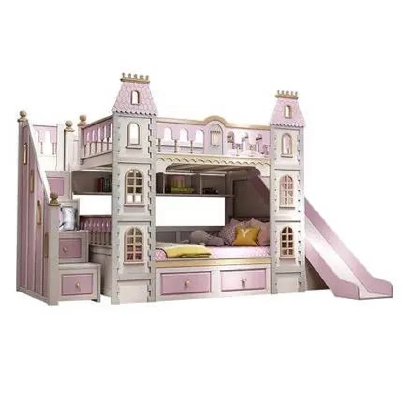 Full solid wood children's bed, double layered bed, high and low two princesses, dreamy castle slide