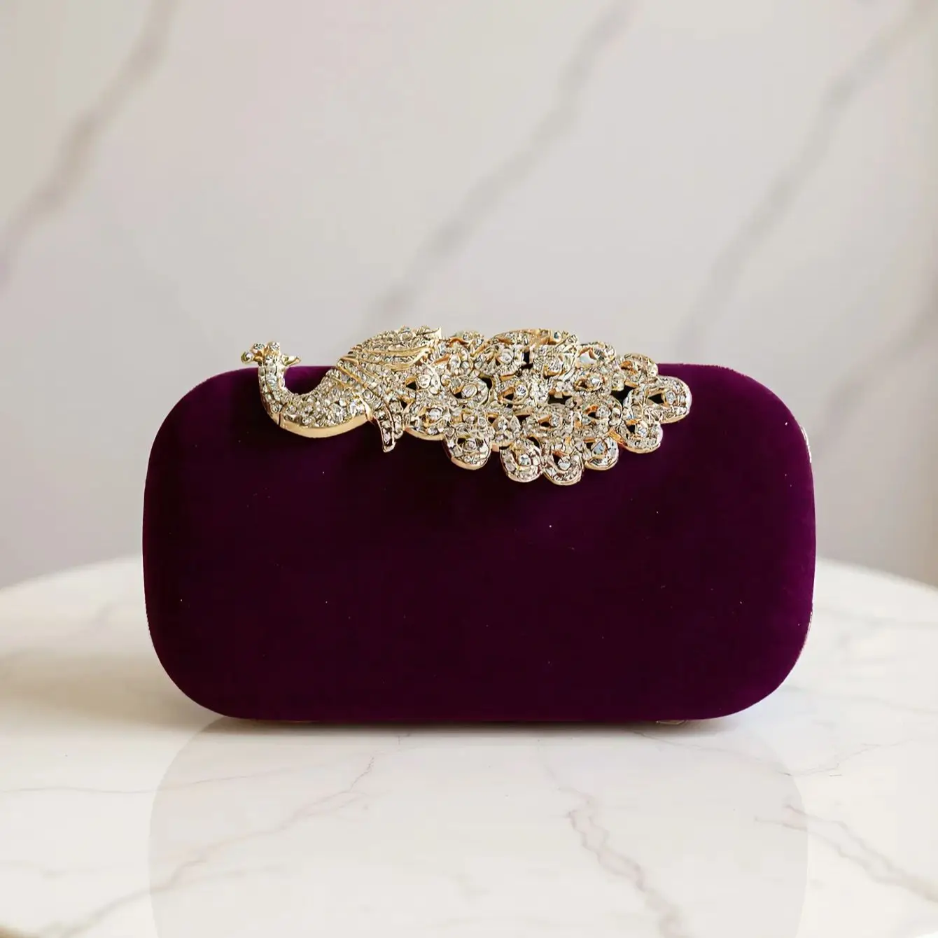 Red Velvet Clutch Bag with Rhinestones and Metal Chain for Women