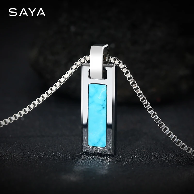 Necklace for Men Natural Turquoise Pendant High end Trendy Brand Tungsten Black Agate Fashion Versatile，Engraving 4
