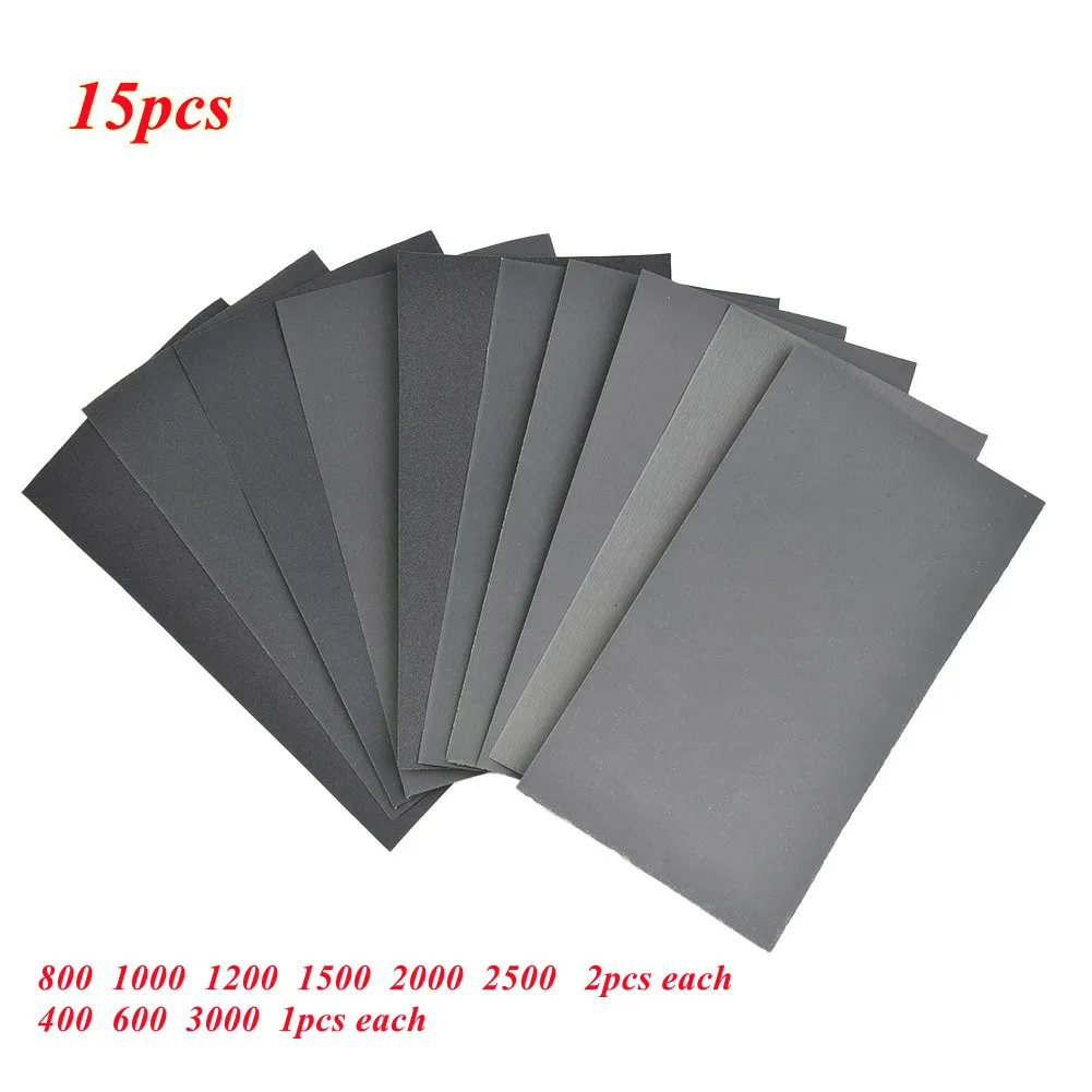 15pcs Sandpaper Tools Silicon Carbide Dry And Wet Grinding Polishing for Glass Wood Car Body Sanding Rust Removal