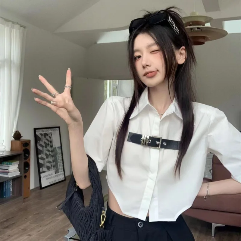 

QWEEK Korean Style Women's Blouse Short Sleeve Oversized Shirts White Cropped Tops Female Asymmetrical Summer Fashion Aesthetic