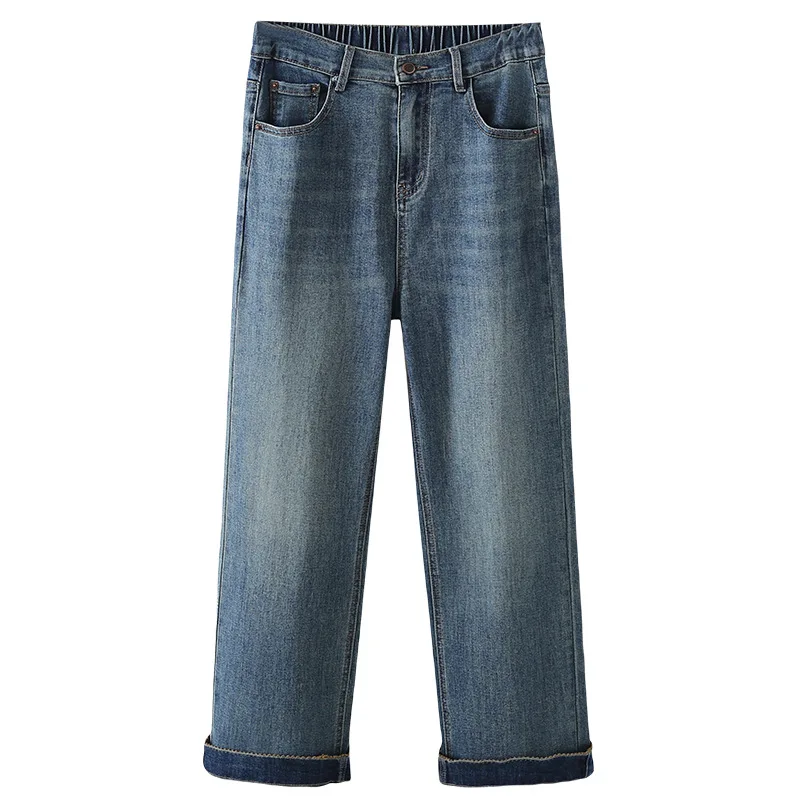 Autumn New Retro Slim Denim Straight Leg Pants Fashion Plus Size Women's Jeans Casual Lace Hem Full Length Bottoms 8659