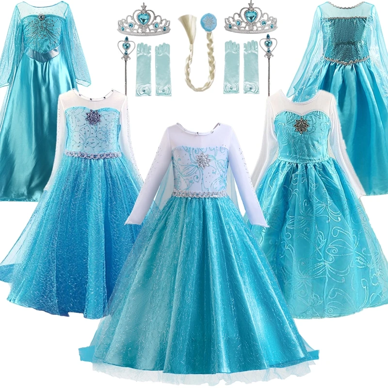 Girls Elsa Dresses for Long Sleeve Kids Birthday Cosplay Elsa Fancy Princess Costume 2024 Carnival Easter Dress Up Party Costume