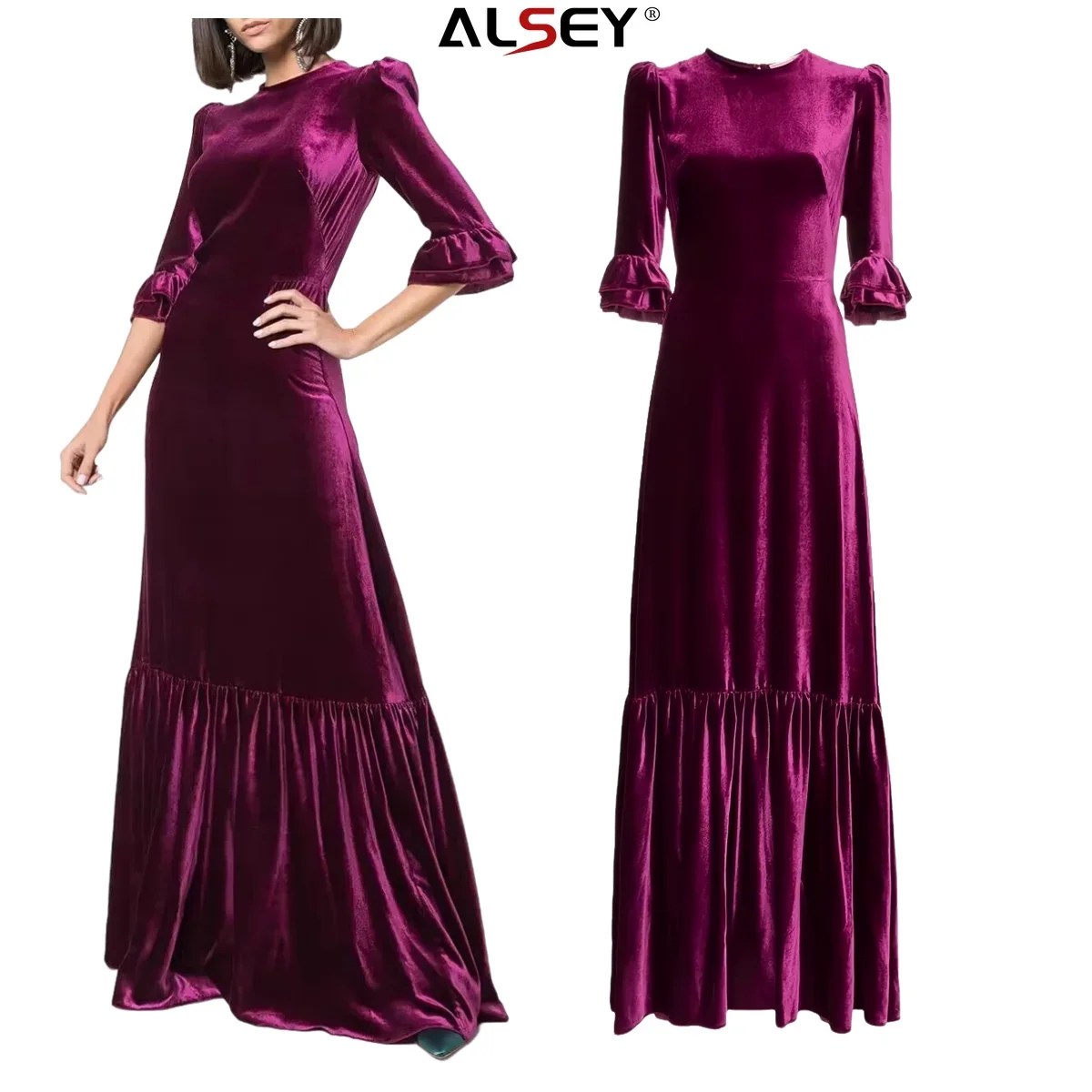 

ALSEY Vintage Velvet Fabric Women's Dresses Fashion Temperament Light Luxury Wind Fuchsia Dress Skirt Slim 2023 Winter New