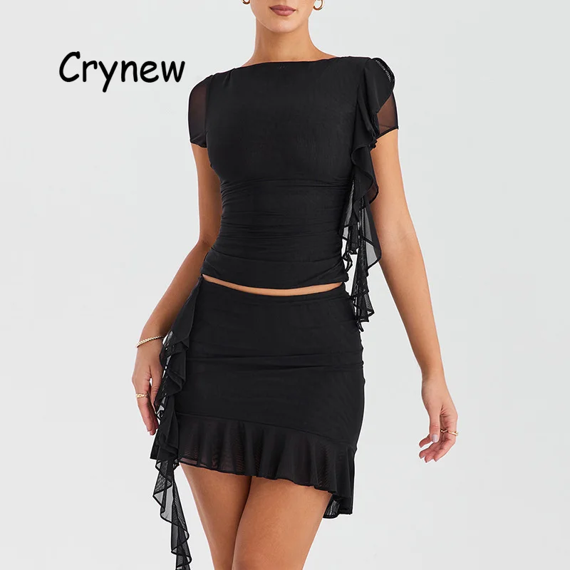 

Сетчатый прозрачный топ и юбка Crynew, модные комплекты с асимметричными рюшами и оборками, соблазнительный облегающий комплект из 2 предметов с бахромой, 2023
