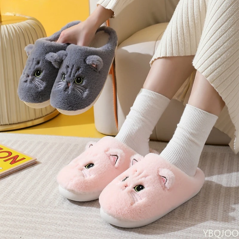 Cute Cat Slippers Fluffy Furry Women Home Platform Slippers Men Winter Plush Slides Indoor Fuzzy Slippers Lovely Cotton Shoes