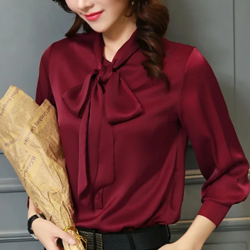Women's Loose Chiffon Blouse V-Neck Solid Shirt Bow Lantern Sleeve Fashion Blouses Casual Clothes Autumn Tops 2198