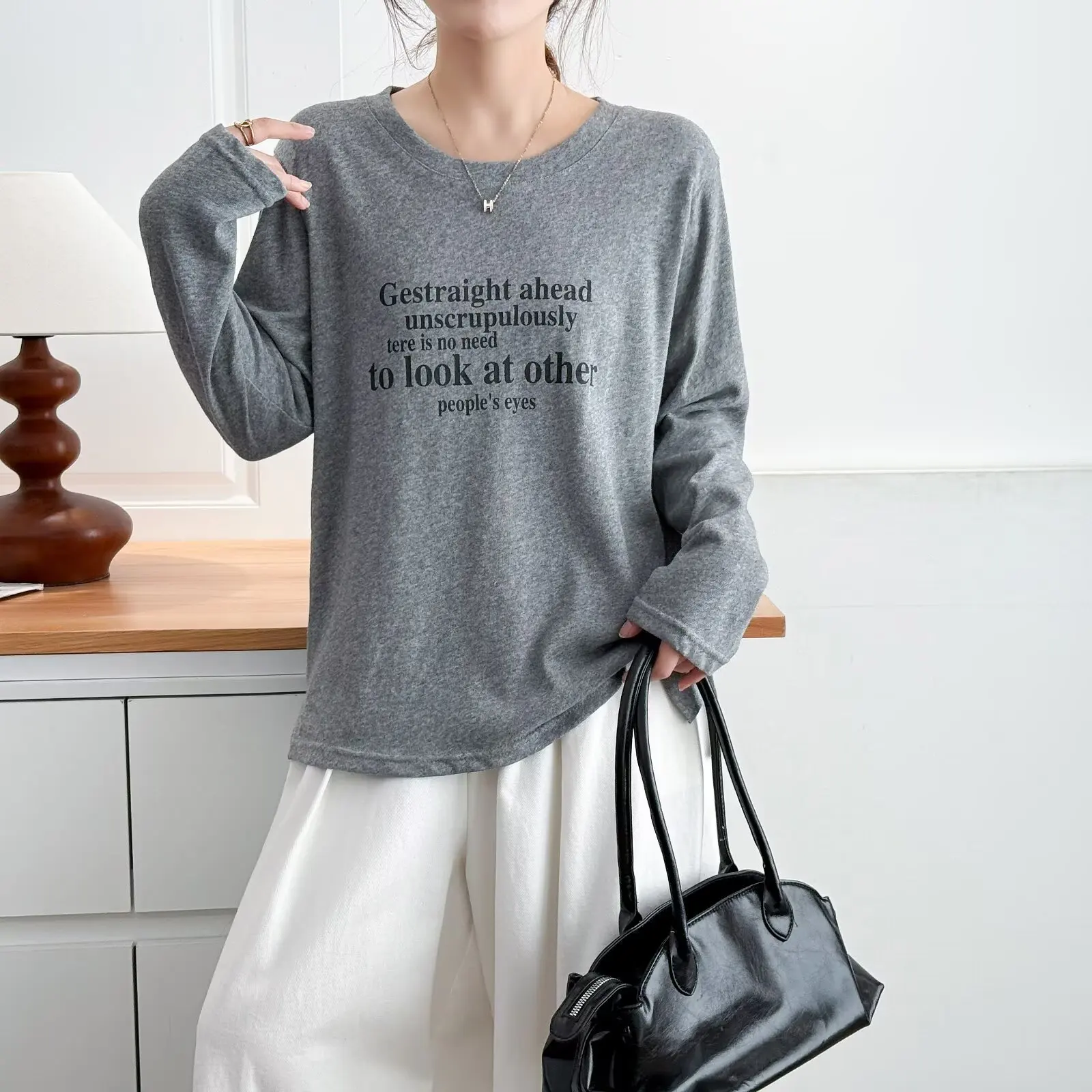 Fashion Plus Size Women's T-Shirt Autumn New Style Basic Casual Printed Letter Long Sleeve Thin Tops 2559