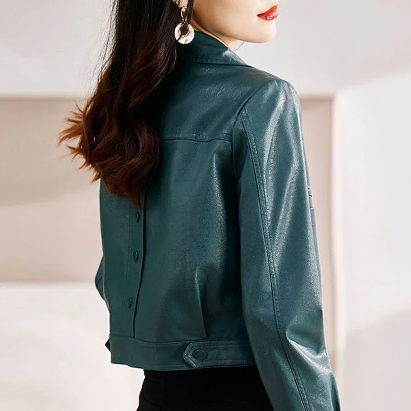 1pcs Womens Short PU Leather Jackets Coat 2024 Autumn New Faux Fur Single Breasted Splicing Ladies Skinny Locomotive Small Coats