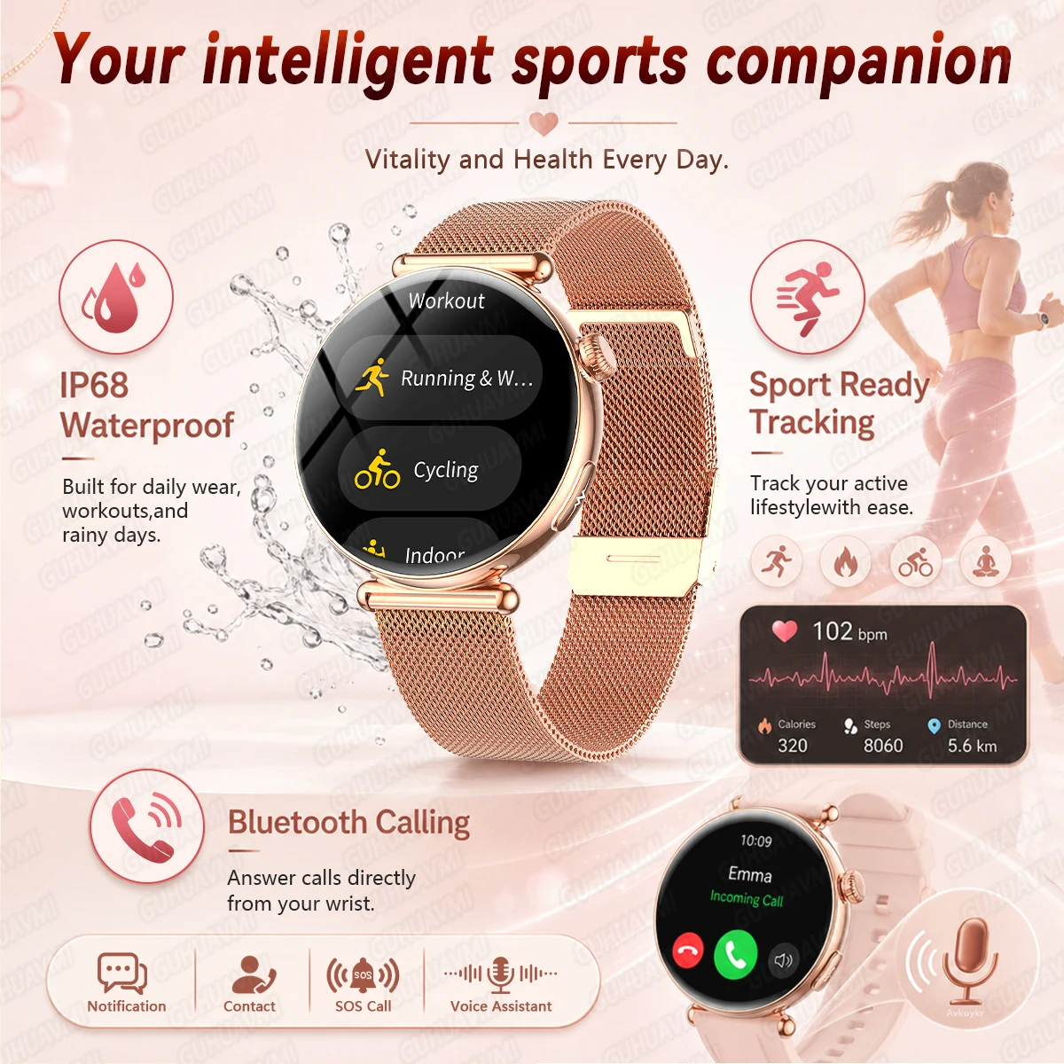 2026 New Women Fashion Health Smart Watch ECG+PPG Body analysis Blood Pressure Health Monitor IP68 Sports Voice Call Smartwatch 6
