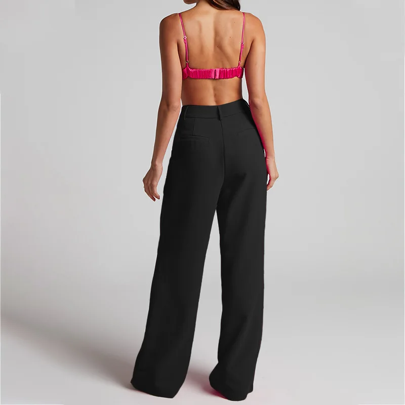 Tesco Fuchsia 2 Piece Women Suit Sets Casual Lapel Collar Blazer Wide Leg Long Pants For Autumn Lady Wear Loose Female Clothes