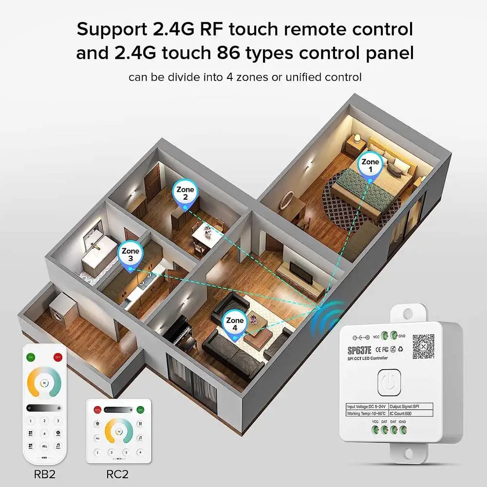 SP637E SPI CCT Led Controller APP Controls Adjustable Color Temperature And Brightness DC5-24V