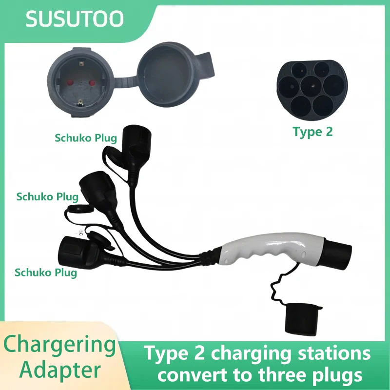 Three heads Portable 220V Type 2 Male Plug to Schuko Socket EU Plug EV Charging Adapter For EV Charger Connector