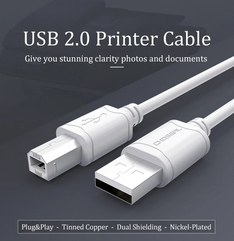 CHOSEAL USB 2.0 프린터 케이블 A(수) - B(수) 고속 480Mbps 스캐너 케이블 (HP, 캐논, 엡손, 렉스마크, 델, 브라더 호환)