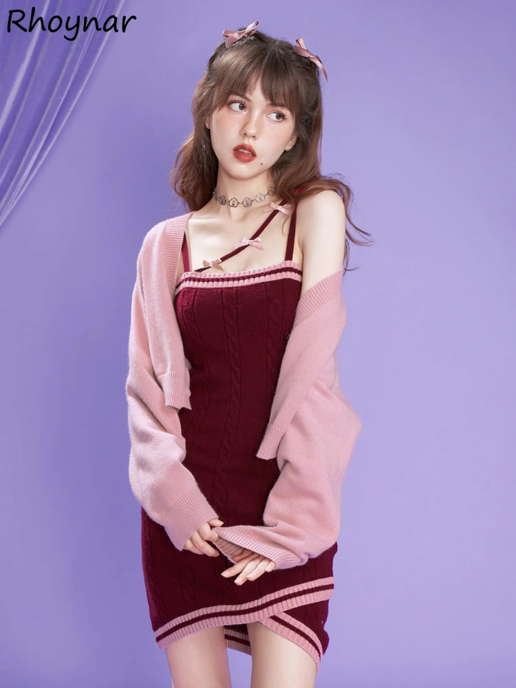 

Sweet Chic Knitted Strap Dress Sets Women Fashion Young All-match Bow Frock Girls Low Cut Sexy Leisure Long Sleeve Cardigan Soft