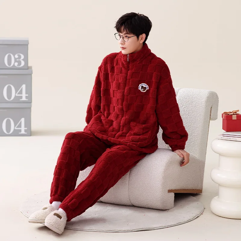 2023 Winter Long Sleeve Thick Warm Flannel Pajama Sets for Men Coral Velvet Cute Cartoon Sleepwear Suit Pyjamas Homewear Clothes