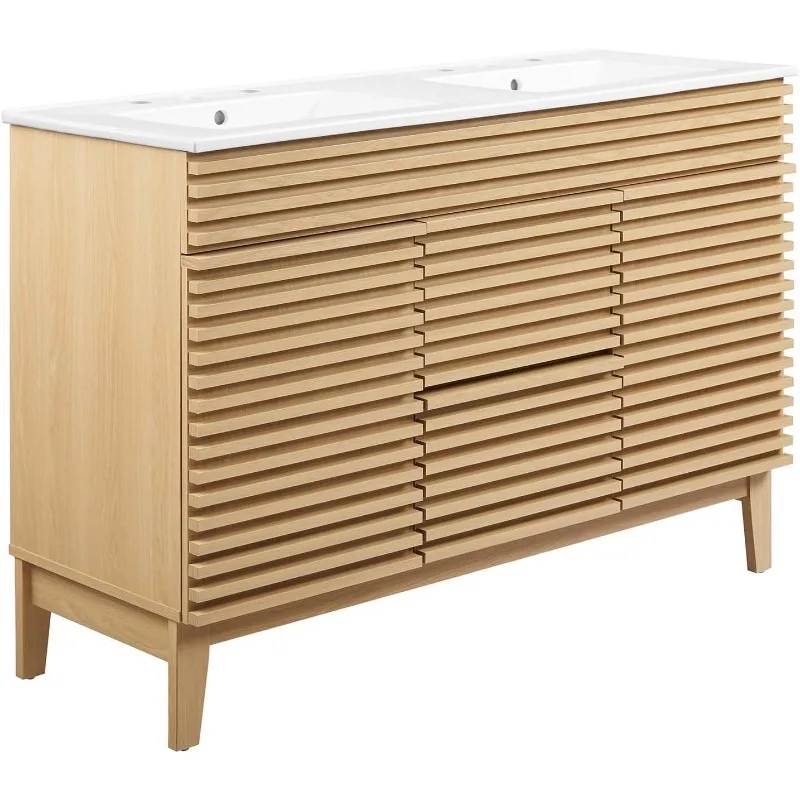 Oak White 48" Double Bathroom Vanity Mid-Century Bathroom Vanity Quality Construction Bathroom Storage Ceramic Double Sink 2