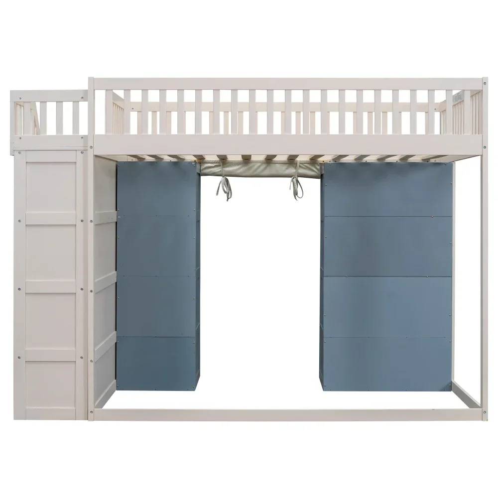 Full Size Loft Bed 2 Four-layer Storage Cabinets and Curtain,Blue Kids Beds for Boys Twin Bed ,White Frame Kids Beds for Girl US 5